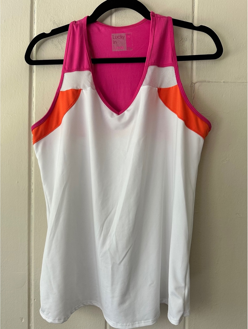 Lucky In Love Women's Tennis Tank Top Colorblock V-Neck White Pink Orange Sz XL